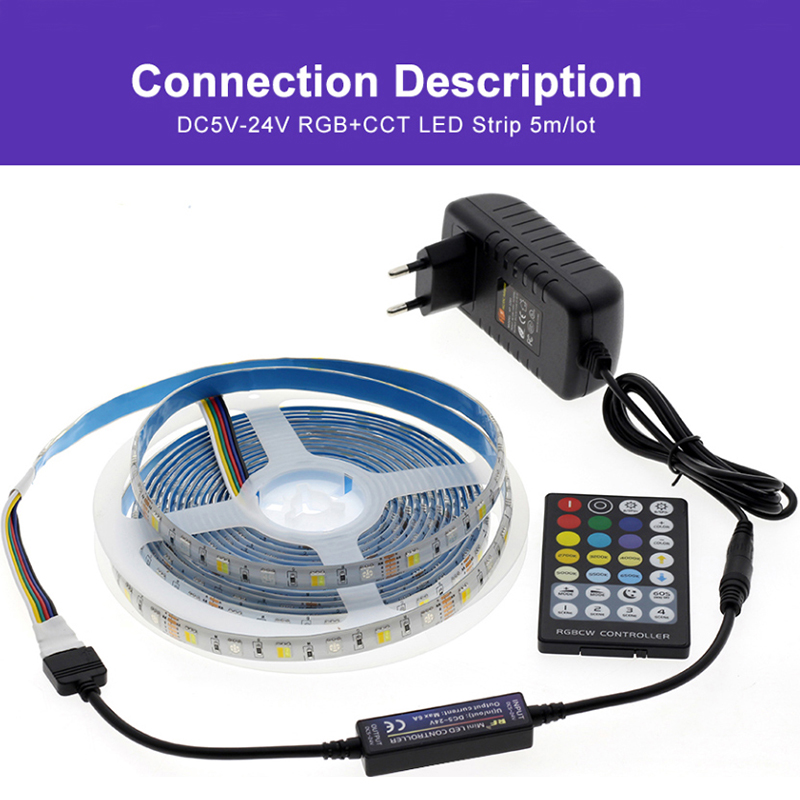 DC12V 16.4ft/5M SMD5050 RGB+CCT LED Strip Light Kit, With 28Key RF Remote Controller,60LEDs/M, Color Changing LED Strip Light DC12V 16.4ft/5M SMD5050 RGB+CCT LED Strip Light Kit, With 28Key RF Remote Controller,60LEDs/M, Color Changing LED Strip Light